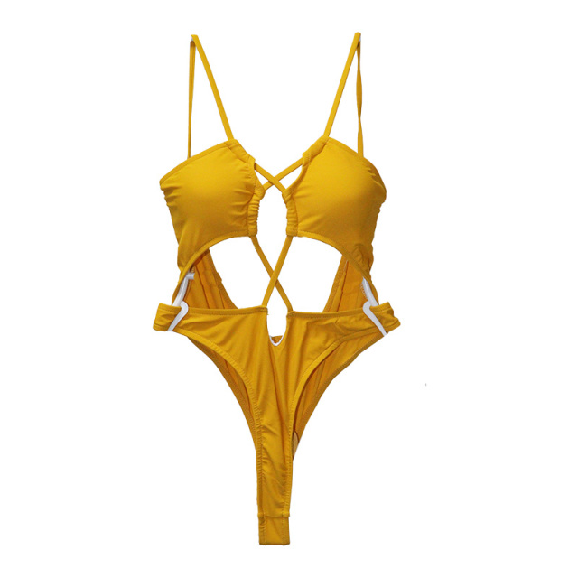 Yellow Hollow Out Bandage Swimming Suits for Women Manufacturer