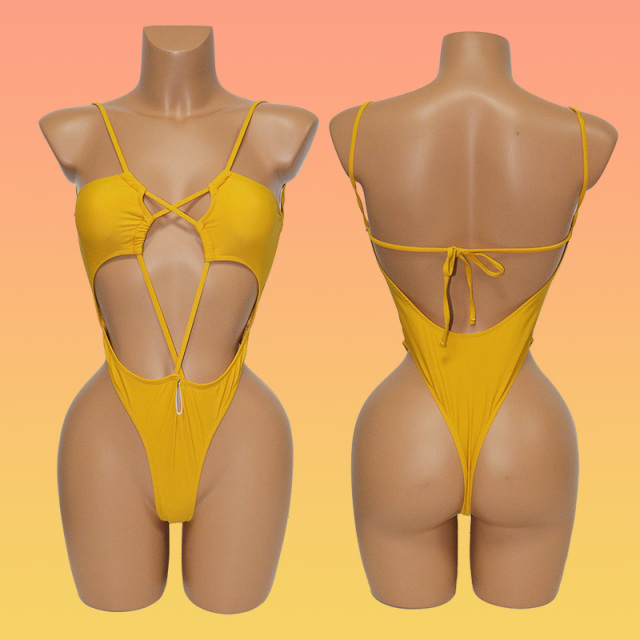 Yellow Hollow Out Bandage Swimming Suits for Women Manufacturer