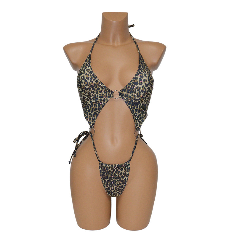 Cheetah Print Bandage Swimsuit with Rhinestone Exotic Dancewear Custom