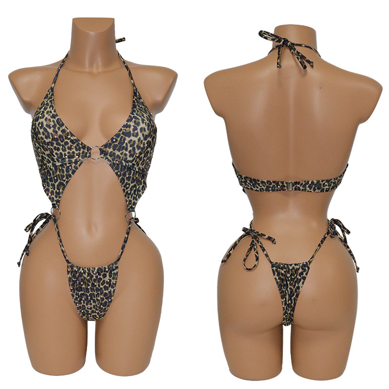 Cheetah Print Bandage Swimsuit with Rhinestone Exotic Dancewear Custom