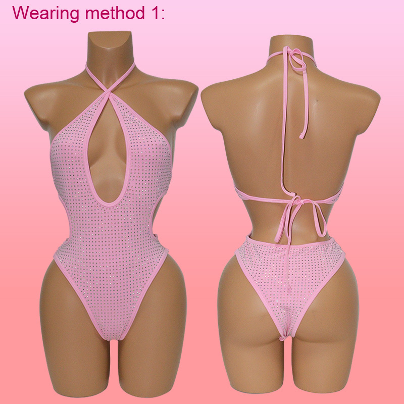 Two Ways Wearing Pink Rhinestone Swimsuit Stripper Clothes Factory