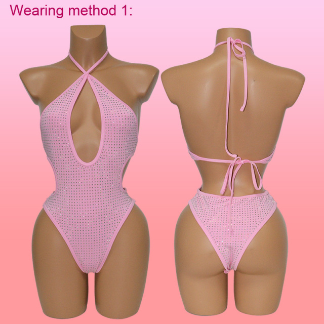 Two Ways Wearing Pink Rhinestone Swimsuit Stripper Clothes Factory