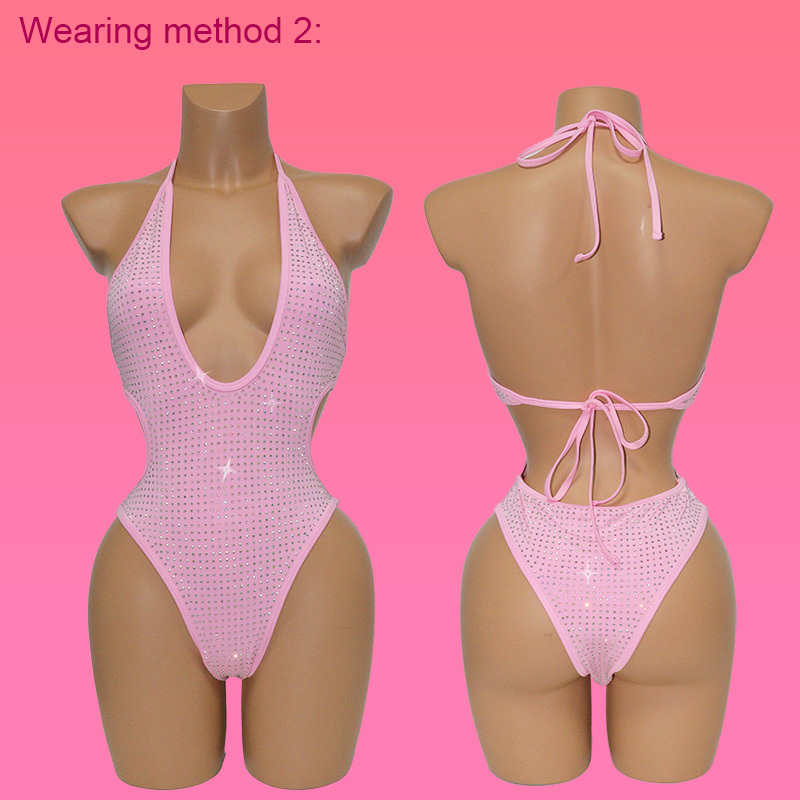 Two Ways Wearing Pink Rhinestone Swimsuit Stripper Clothes Factory