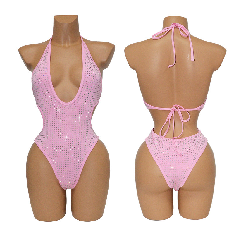 Two Ways Wearing Pink Rhinestone Swimsuit Stripper Clothes Factory