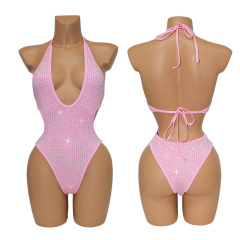 Two Ways Wearing Pink Rhinestone Swimsuit Stripper Clothes Factory