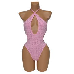 Two Ways Wearing Pink Rhinestone Swimsuit Stripper Clothes Factory