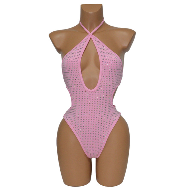 Two Ways Wearing Pink Rhinestone Swimsuit Stripper Clothes Factory