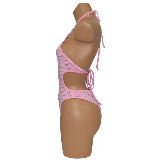 Two Ways Wearing Pink Rhinestone Swimsuit Stripper Clothes Factory