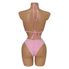Two Ways Wearing Pink Rhinestone Swimsuit Stripper Clothes Factory