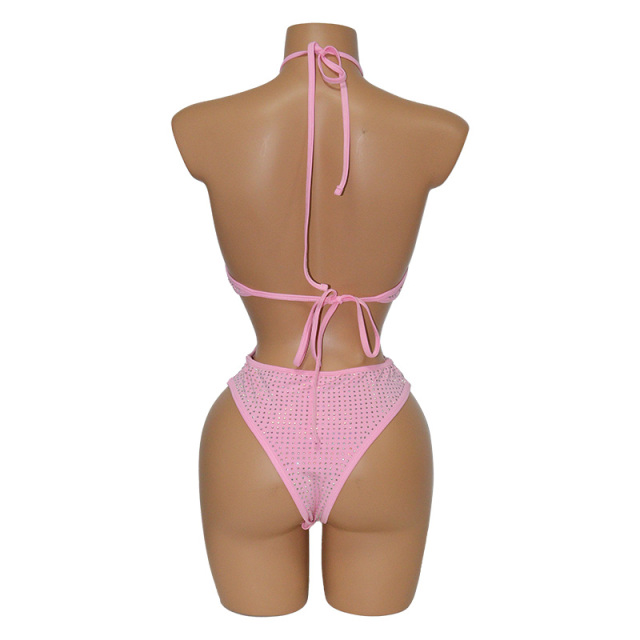 Two Ways Wearing Pink Rhinestone Swimsuit Stripper Clothes Factory