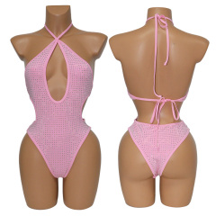 Two Ways Wearing Pink Rhinestone Swimsuit Stripper Clothes Factory