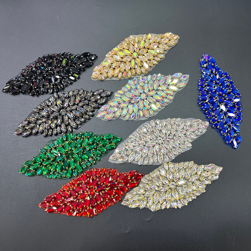 13.2*6.3cm Leaf Shaped Diamond Applique for Bridal Wedding Dress Exporter