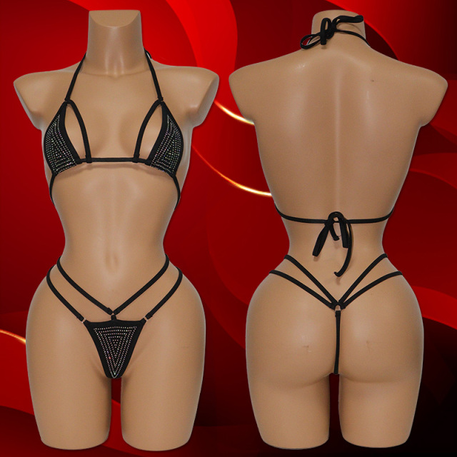 Black Bling Exotic Dancewear Two Piece Bikini with Rhinestone Factory