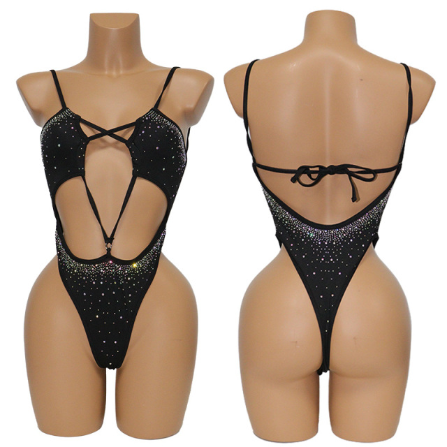 Diamond Bedazzled Hollow Out Dance Wear Stripper Swimsuits Exporter
