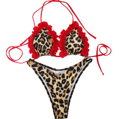 3 Pieces Cheetah Print Ruffles Bikini Set with Wrap Skirt Beachwear Cover Up Dresses Factory