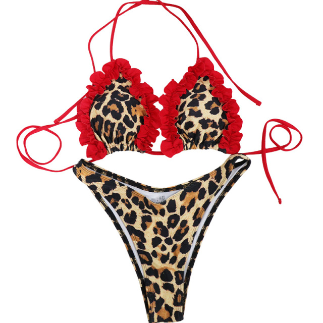 3 Pieces Cheetah Print Ruffles Bikini Set with Wrap Skirt Beachwear Cover Up Dresses Factory