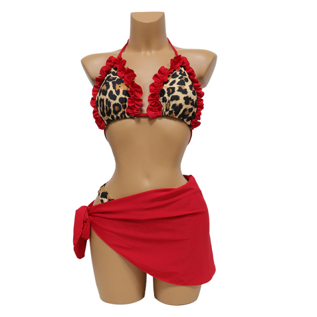 3 Pieces Cheetah Print Ruffles Bikini Set with Wrap Skirt Beachwear Cover Up Dresses Factory