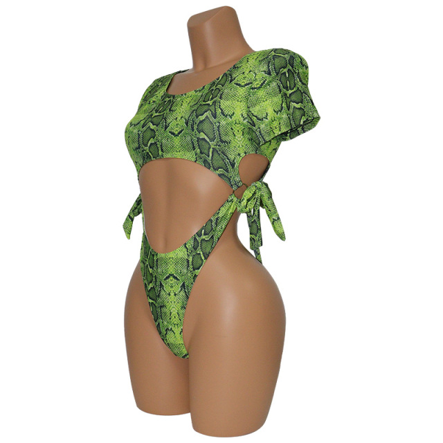 Green Snakeskin Hollow Out One Piece Swimsuit Stripper Outfit Exporter