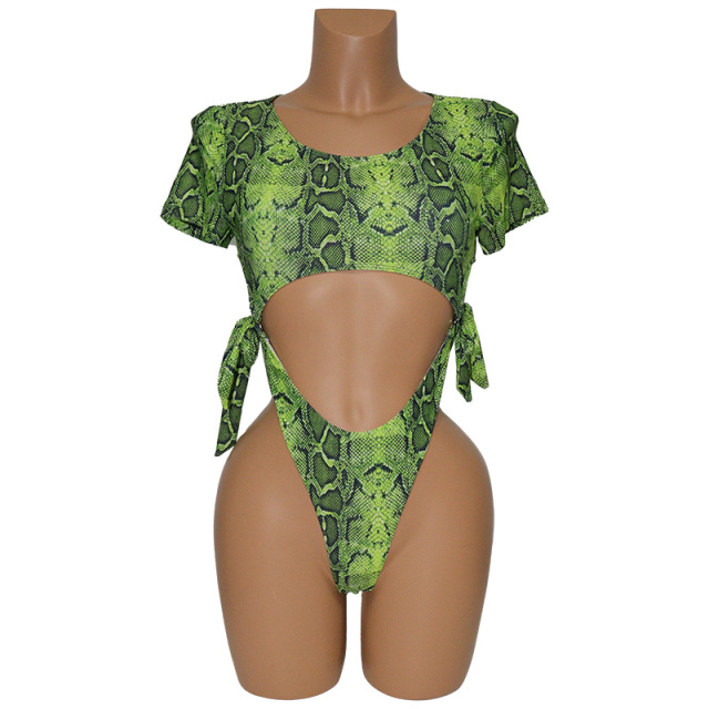 Snake Skin Printed Backless Stripper Outfits One Piece Swimwear Wholesale