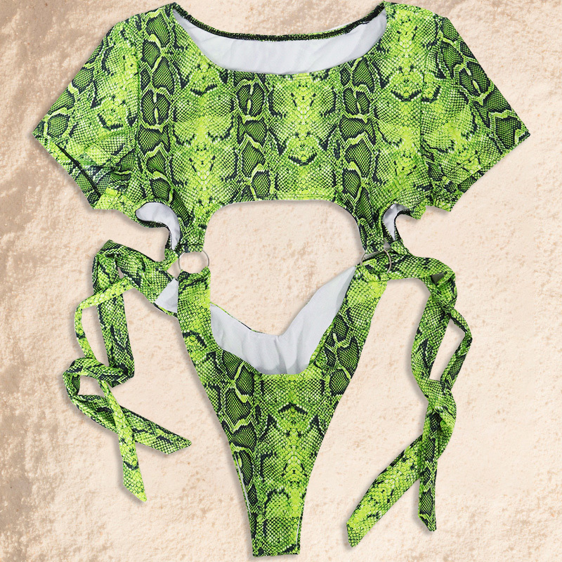 Green Snakeskin Hollow Out One Piece Swimsuit Stripper Outfit Exporter