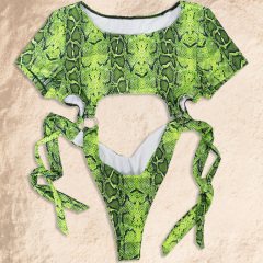 Green Snakeskin Hollow Out One Piece Swimsuit Stripper Outfit Exporter
