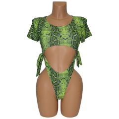 Green Snakeskin Hollow Out One Piece Swimsuit Stripper Outfit Exporter