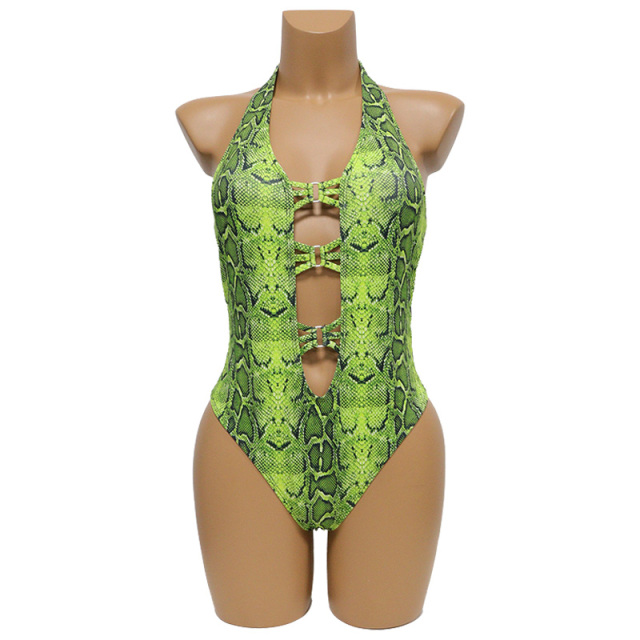 Snake Skin Printed Backless Stripper Outfits One Piece Swimwear Wholesale