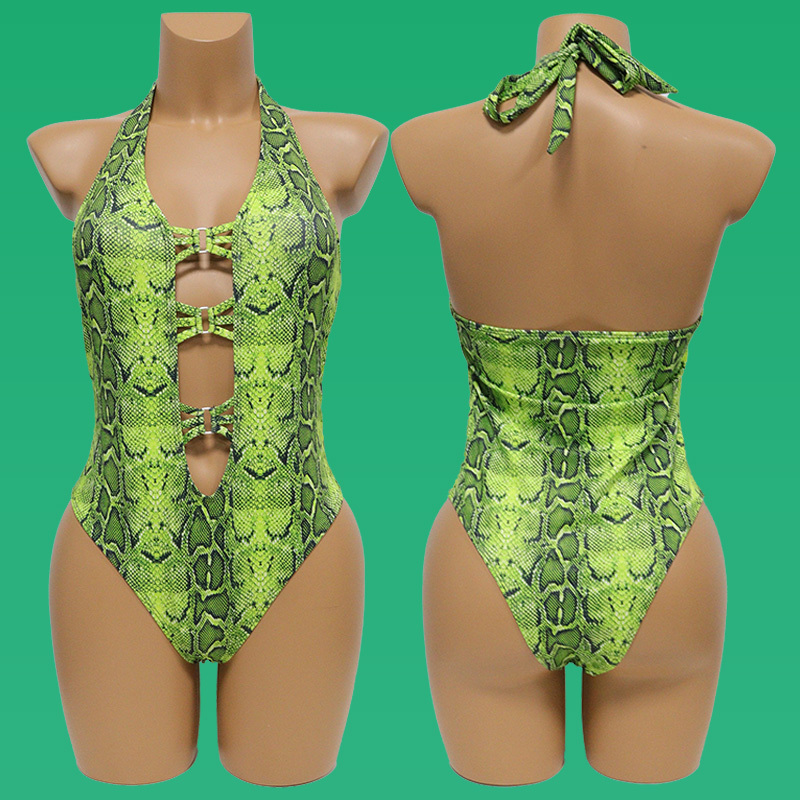 Snake Skin Printed Backless Stripper Outfits One Piece Swimwear Wholesale