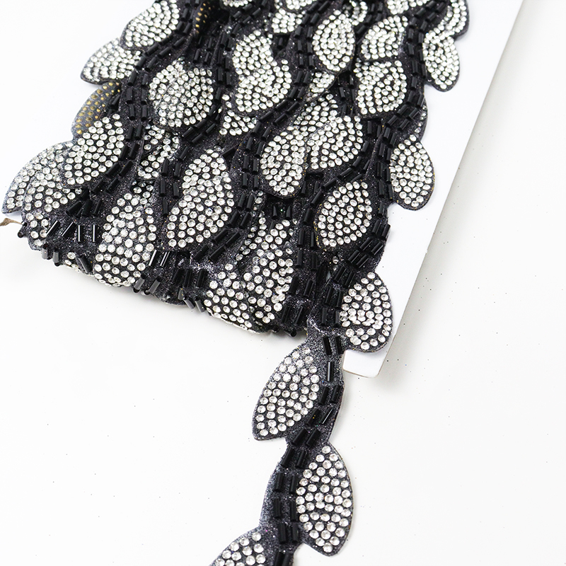 Black Leaf Shape Crystal Sequins Beaded Trim Custom