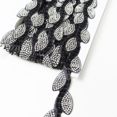 Black Leaf Shape Crystal Sequins Beaded Trim Custom