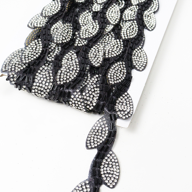 Black Leaf Shape Crystal Sequins Beaded Trim Custom