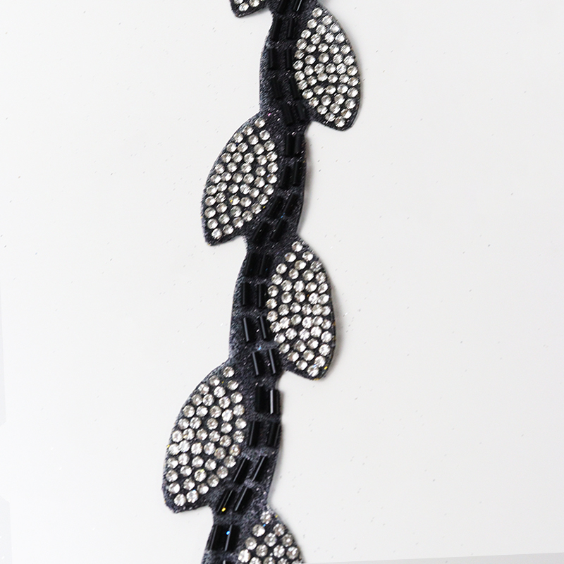 Black Leaf Shape Crystal Sequins Beaded Trim Custom