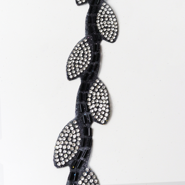 Black Leaf Shape Crystal Sequins Beaded Trim Custom