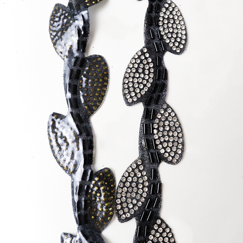 Black Leaf Shape Crystal Sequins Beaded Trim Custom