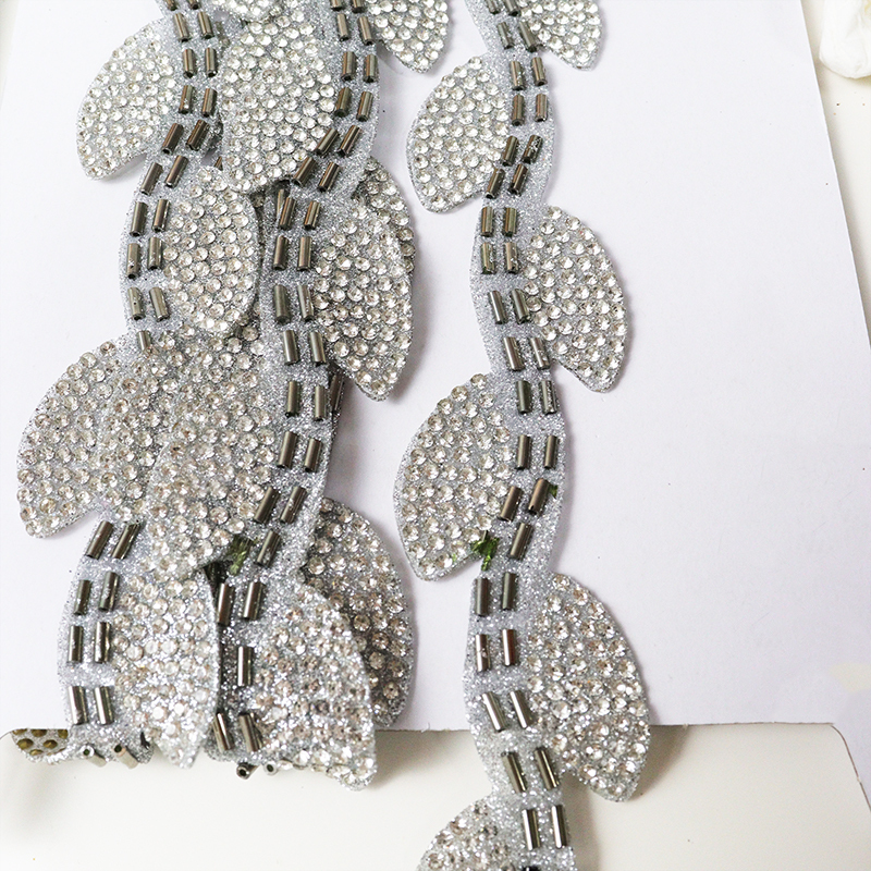 Black Leaf Shape Crystal Sequins Beaded Trim Custom