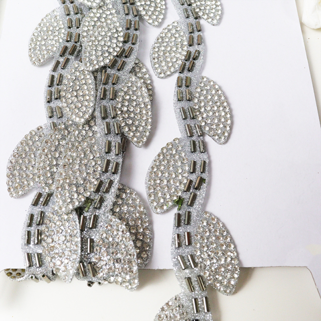 Black Leaf Shape Crystal Sequins Beaded Trim Custom