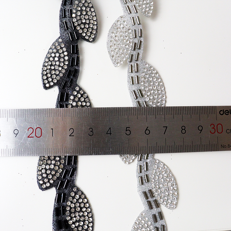 Black Leaf Shape Crystal Sequins Beaded Trim Custom