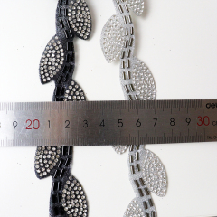 Black Leaf Shape Crystal Sequins Beaded Trim Custom