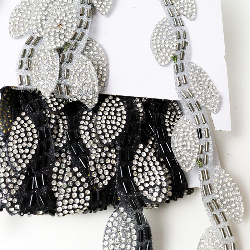 Black Leaf Shape Crystal Sequins Beaded Trim Custom