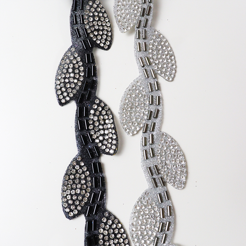 Black Leaf Shape Crystal Sequins Beaded Trim Custom