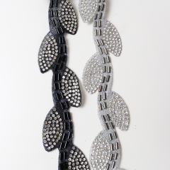 Black Leaf Shape Crystal Sequins Beaded Trim Custom