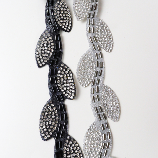 Black Leaf Shape Crystal Sequins Beaded Trim Custom