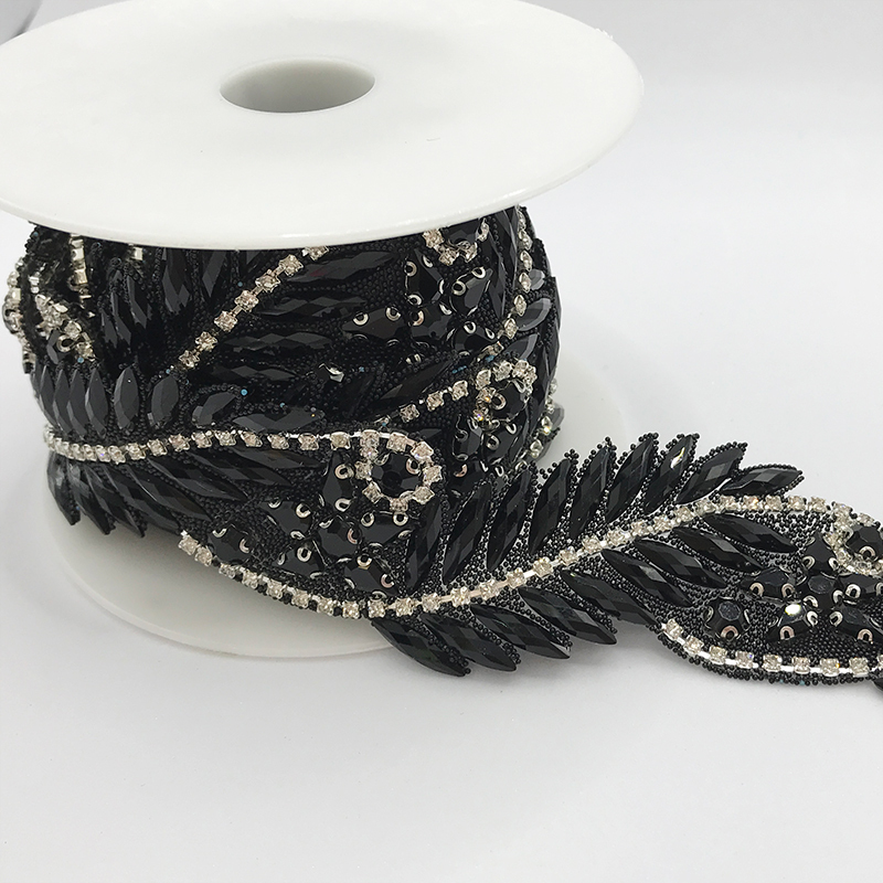 Black Leaf Shaped Crystal Trim By The Yard Custom