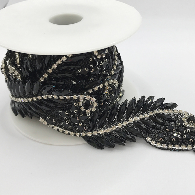 Black Leaf Shaped Crystal Trim By The Yard Custom