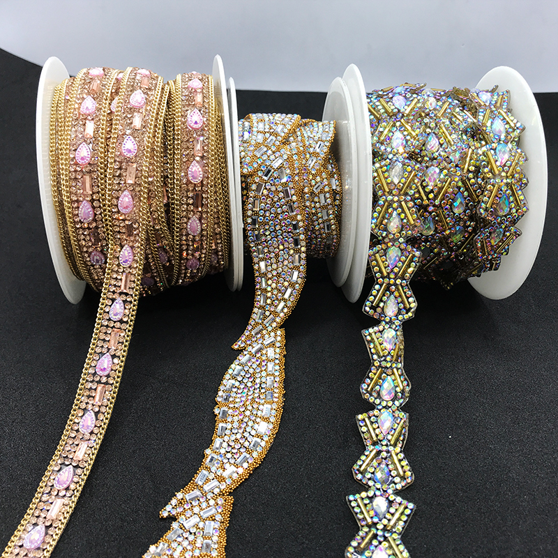 Gold Rhinestones Beaded Chain By The Yard Custom