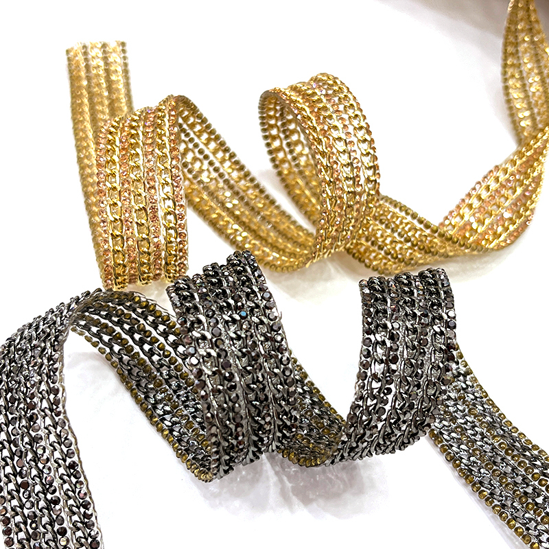 Gold Rhinestone Diamante Trim with Chain Decor Custom