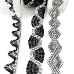 Black Beaded Rhinestone Applique Trimming By The Yard Exporter
