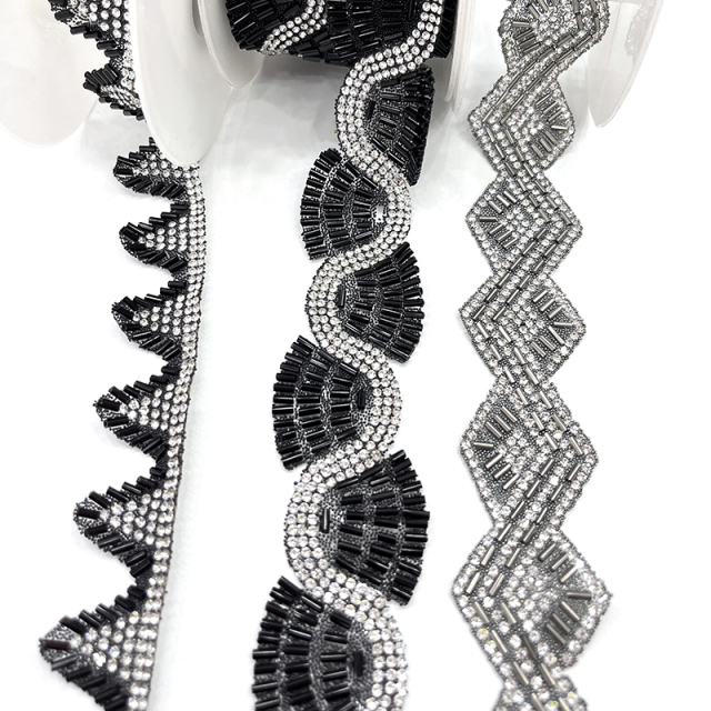Black Beaded Rhinestone Applique Trimming By The Yard Exporter