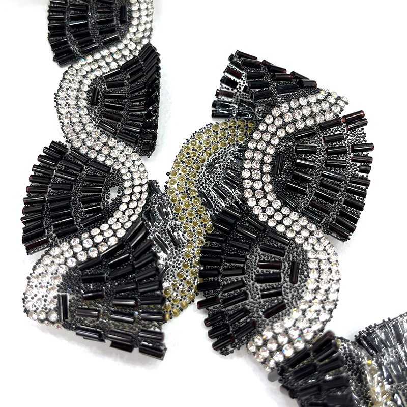 Black Beaded Rhinestone Applique Trimming By The Yard Exporter