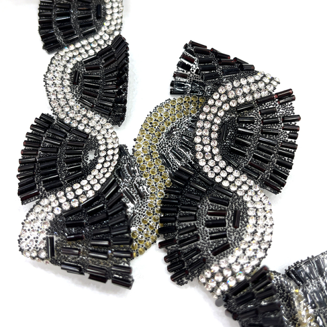 Black Beaded Rhinestone Applique Trimming By The Yard Exporter